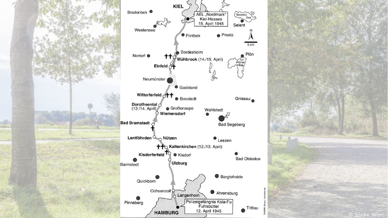 Karte der Strecke des Todesmarsches von 1945 mit Gedenkorten