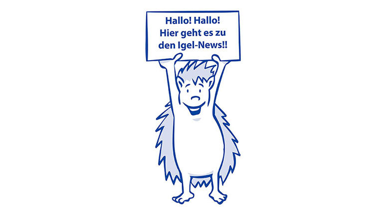 Igel hält Hinweisschild in die Höhe