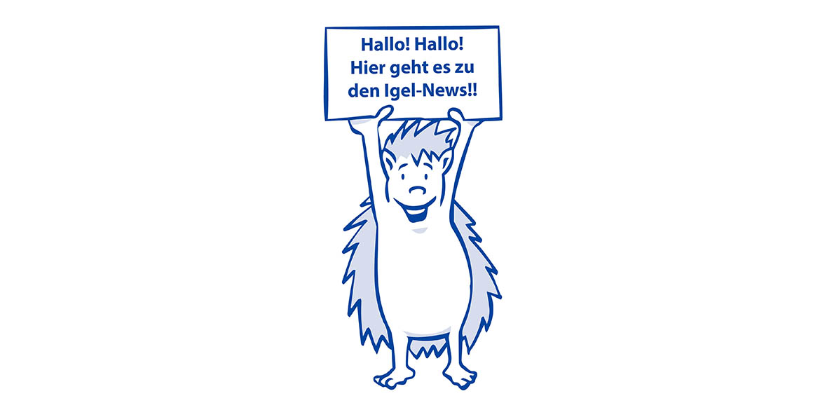 Igel hält Hinweisschild in die Höhe